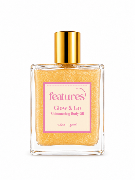 Features go and glow shimmering body oil